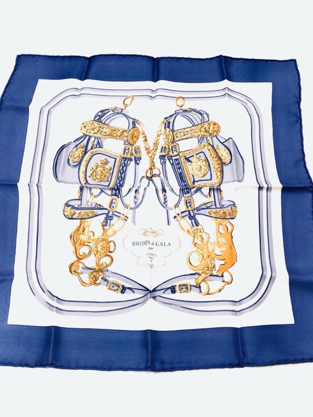 (2) Hermès—“Brides de Gala” Navy Silk Scarf, Vintage